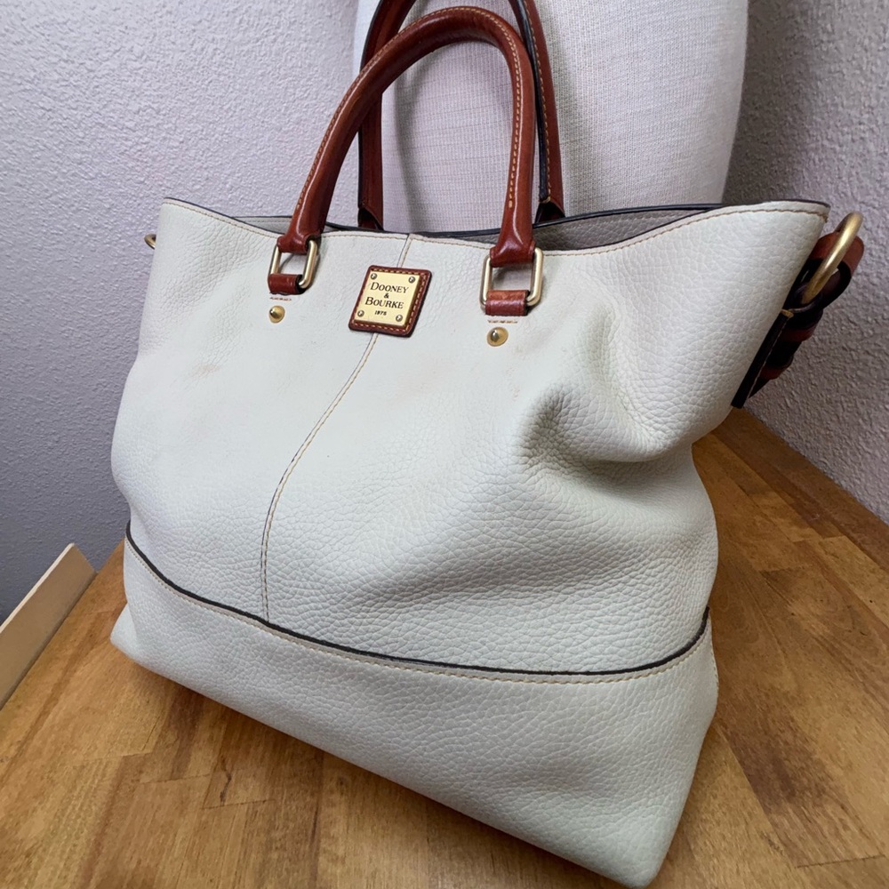 Dooney & Bourke Cream Pebbled Leather Satchel with Brown Trim